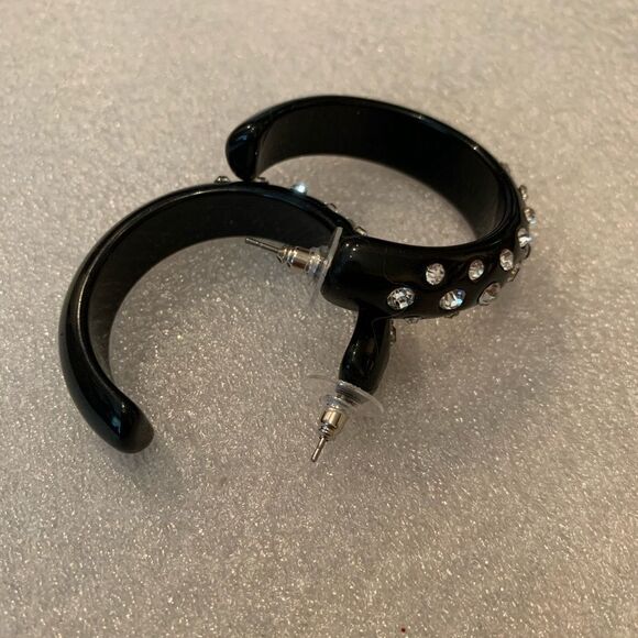 Large Huggie Hoop black Rhinestone Earrings - Picture 6 of 8